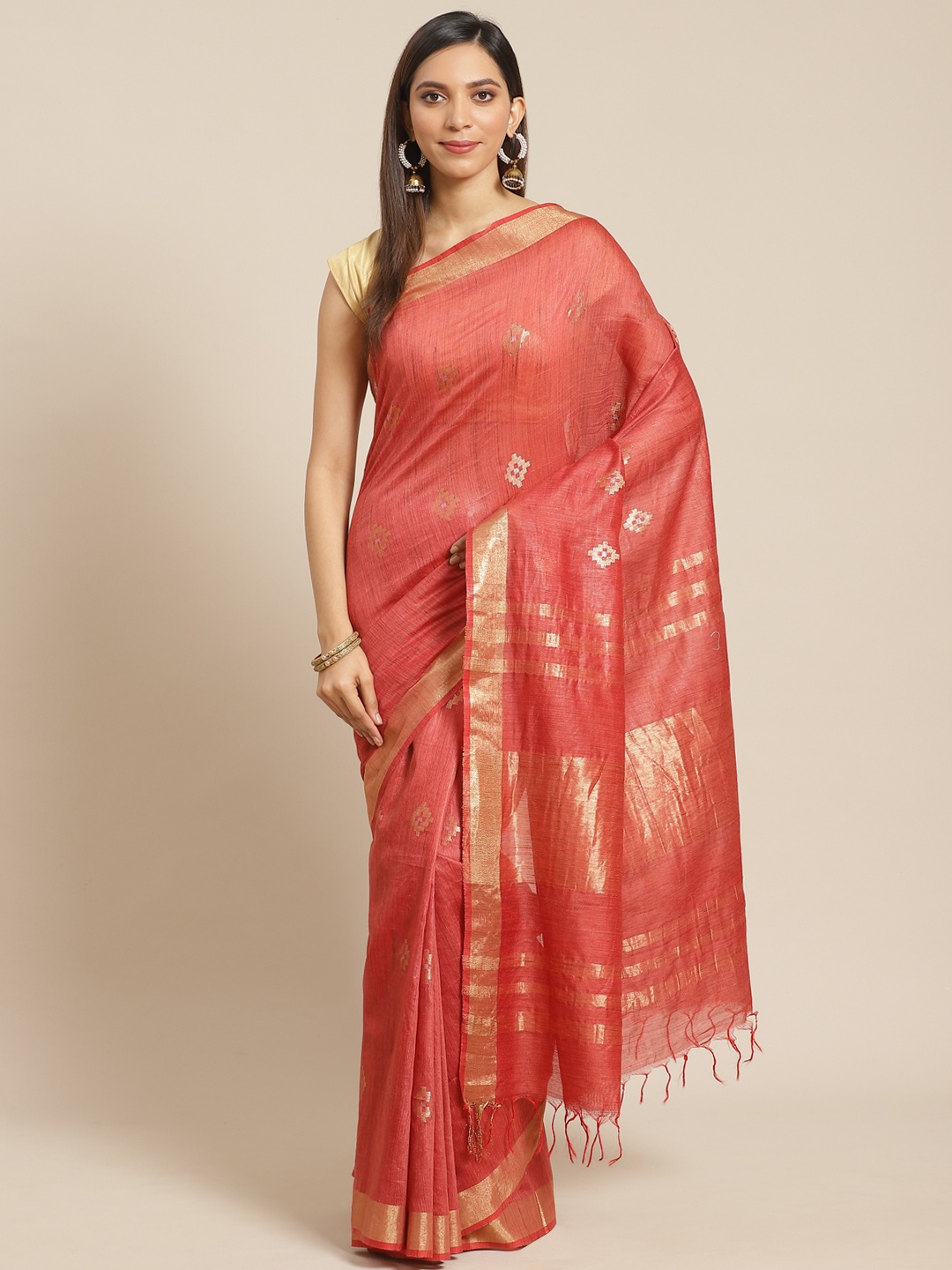 

swatika Rust Red & Golden Handloom Zari Woven Design Bhagalpuri Saree