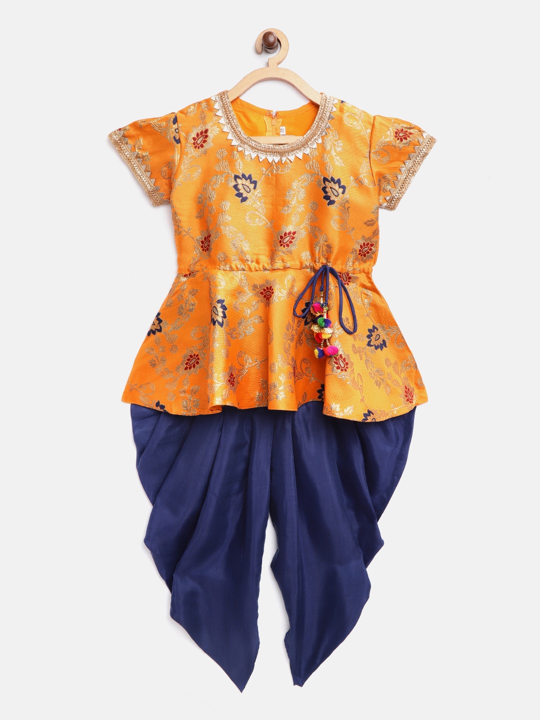 

BownBee Girls Orange & Navy Blue Jacquard Patterned Kurta with Solid Dhoti Pants