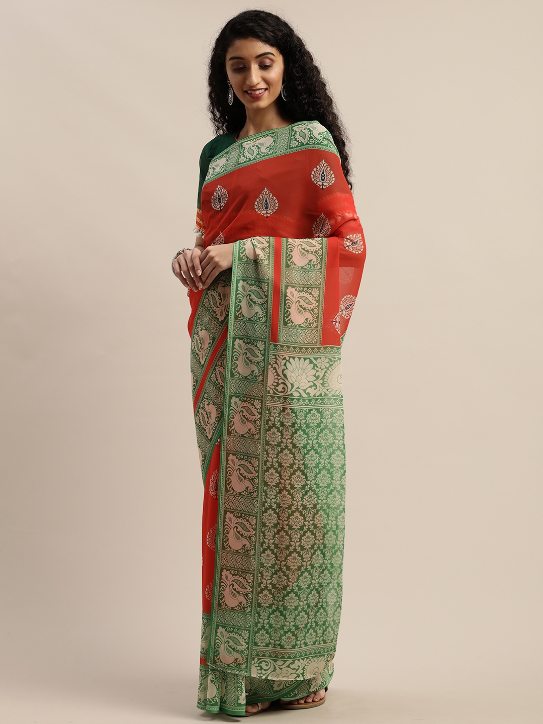 

SHAVYA Green & Orange Pure Georgette Printed Saree