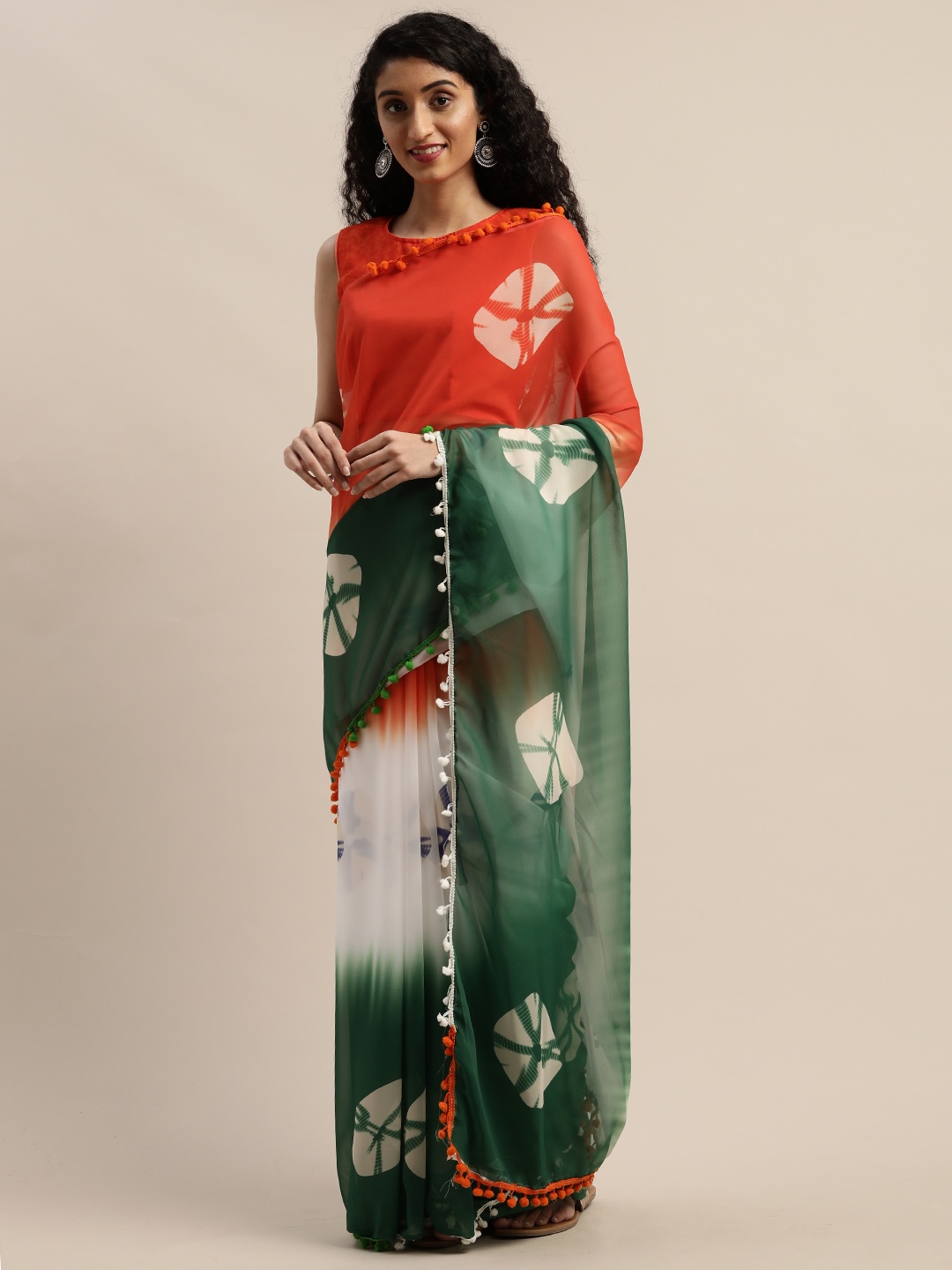 

SHAVYA Orange & Green Pure Georgette Printed Saree