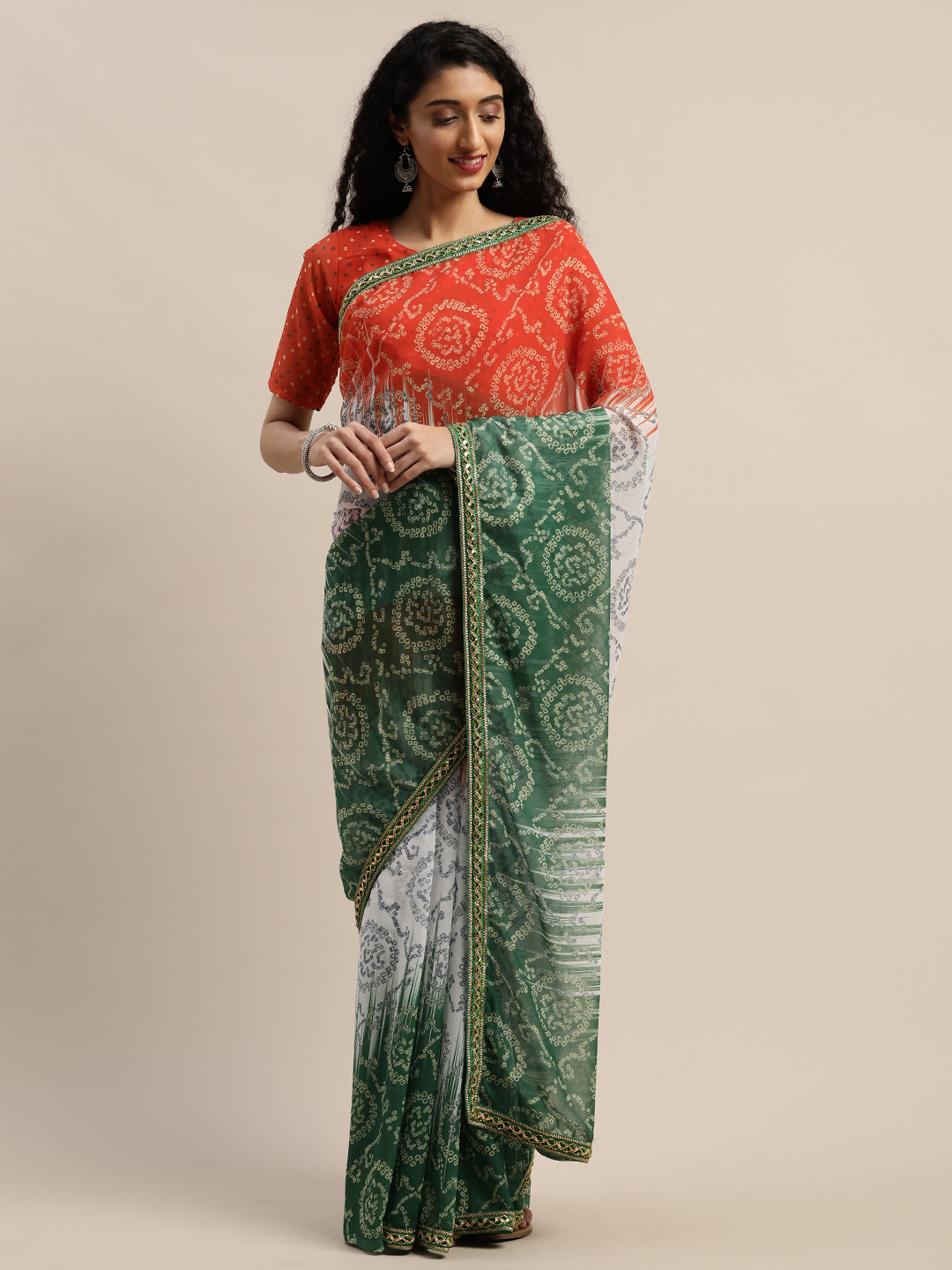 

SHAVYA Green & Orange Pure Georgette Bandhani Printed Saree