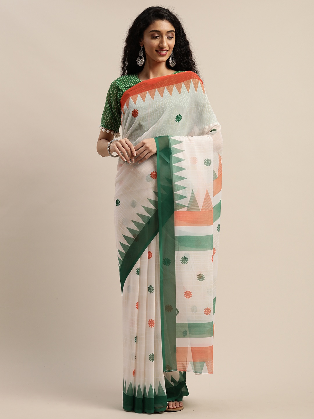 

SHAVYA White & Green Pure Georgette Printed Saree
