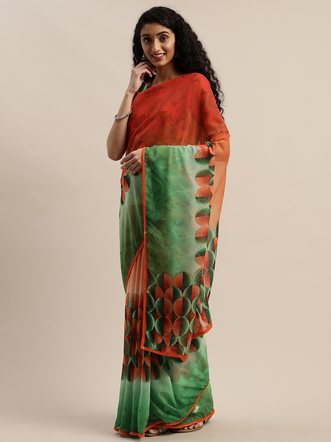 

SHAVYA Orange & Green Pure Georgette Printed Saree