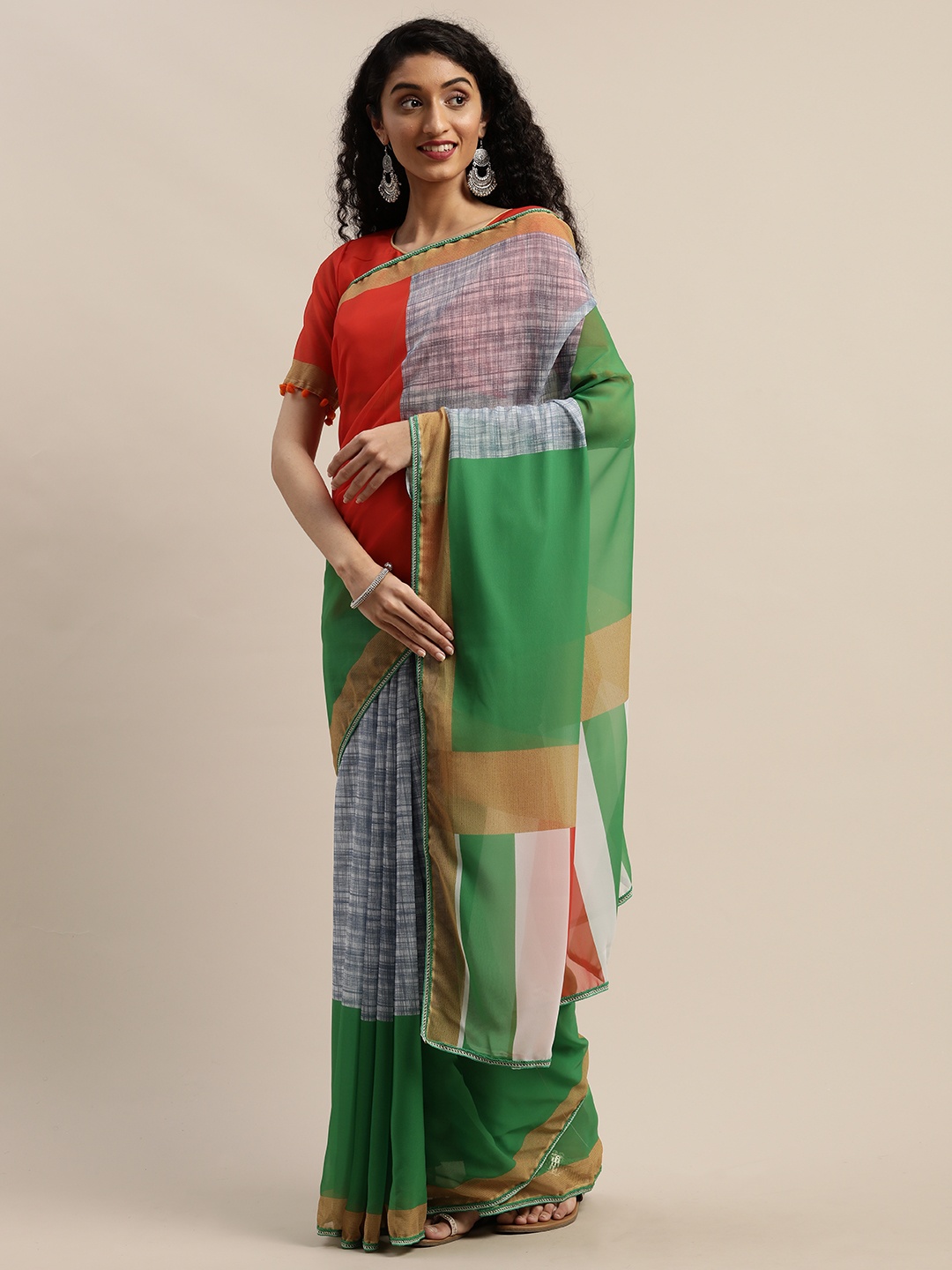 

SHAVYA Orange & Green Pure Georgette Colourblocked Saree