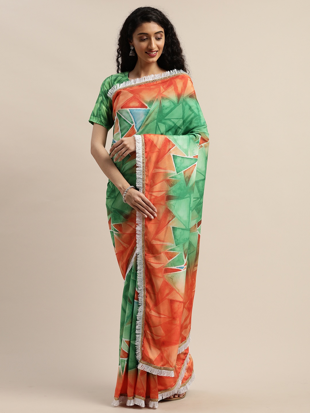 

SHAVYA Orange & Green Satin Printed Saree