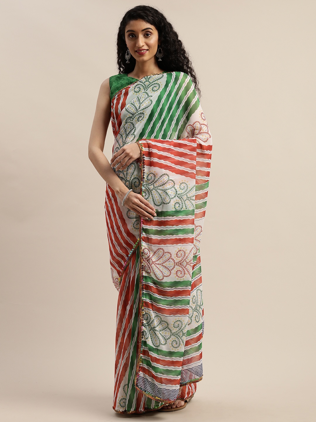 

SHAVYA Off-White & Green Pure Georgette Printed Saree