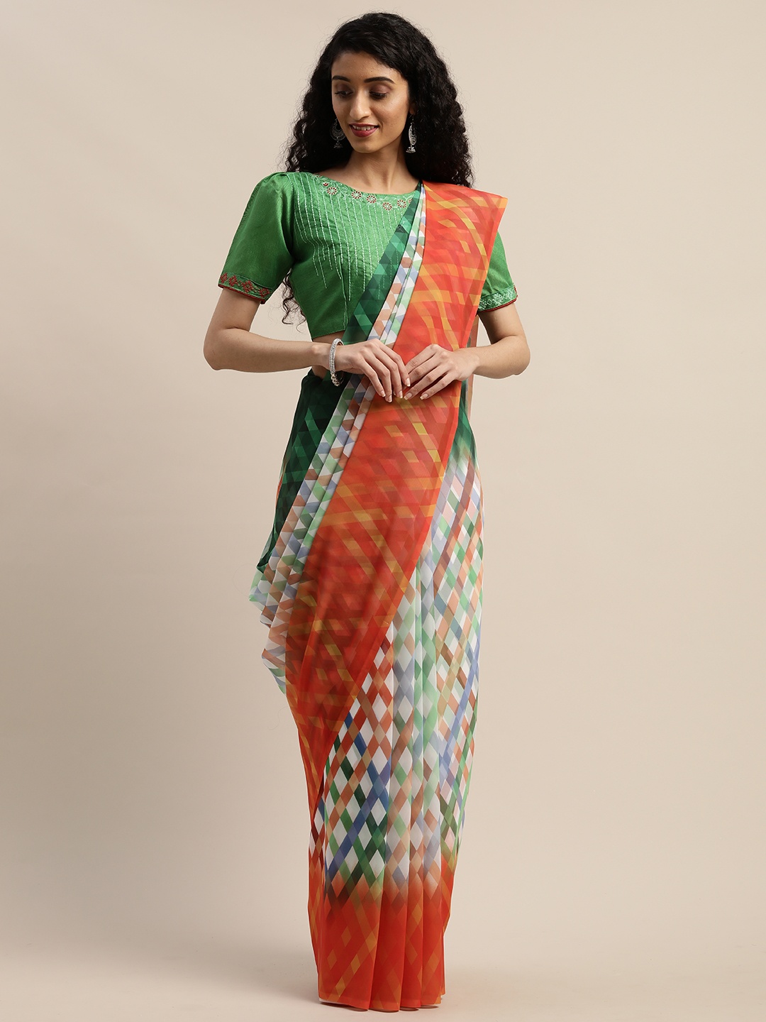 

SHAVYA Off-White & Green Pure Georgette Printed Saree