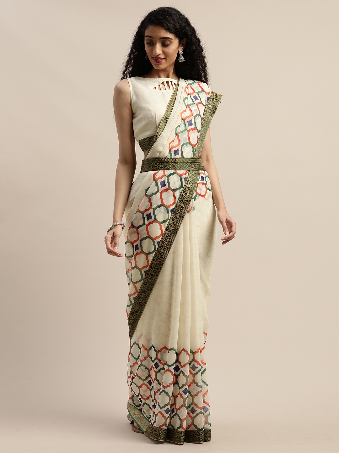 

SHAVYA Off-White & Green Pure Georgette Printed Saree