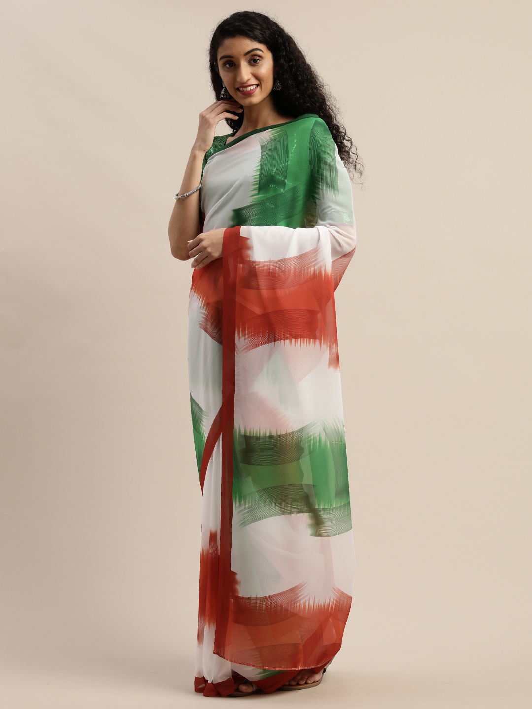 

SHAVYA White & Green Pure Georgette Printed Saree