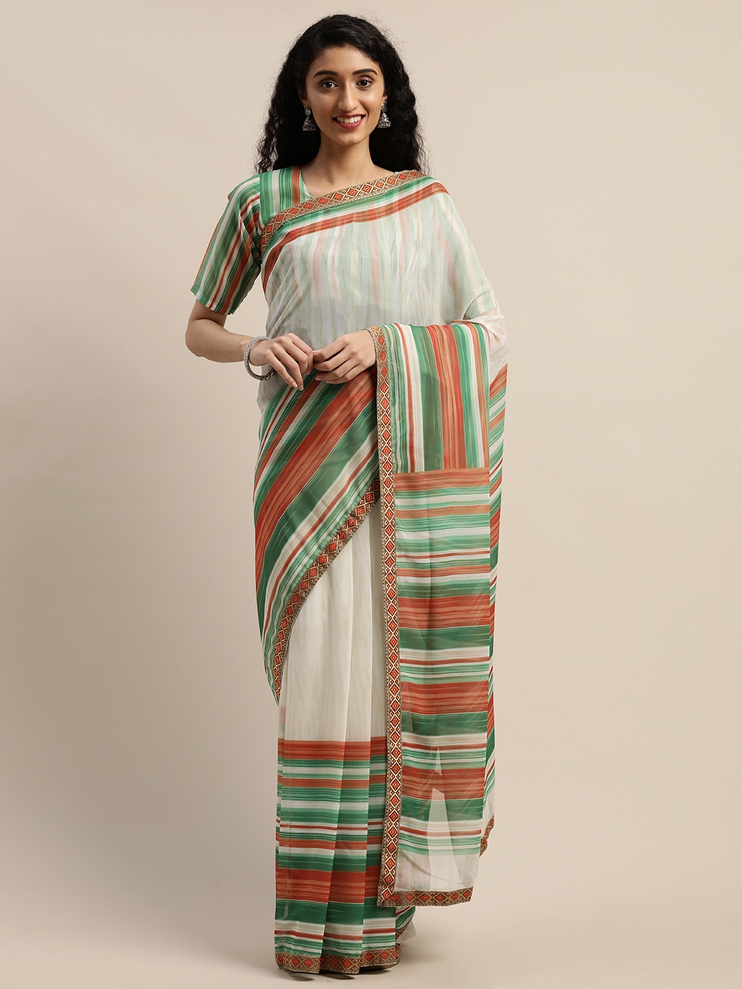 

SHAVYA Off-White & Green Pure Georgette Printed Saree