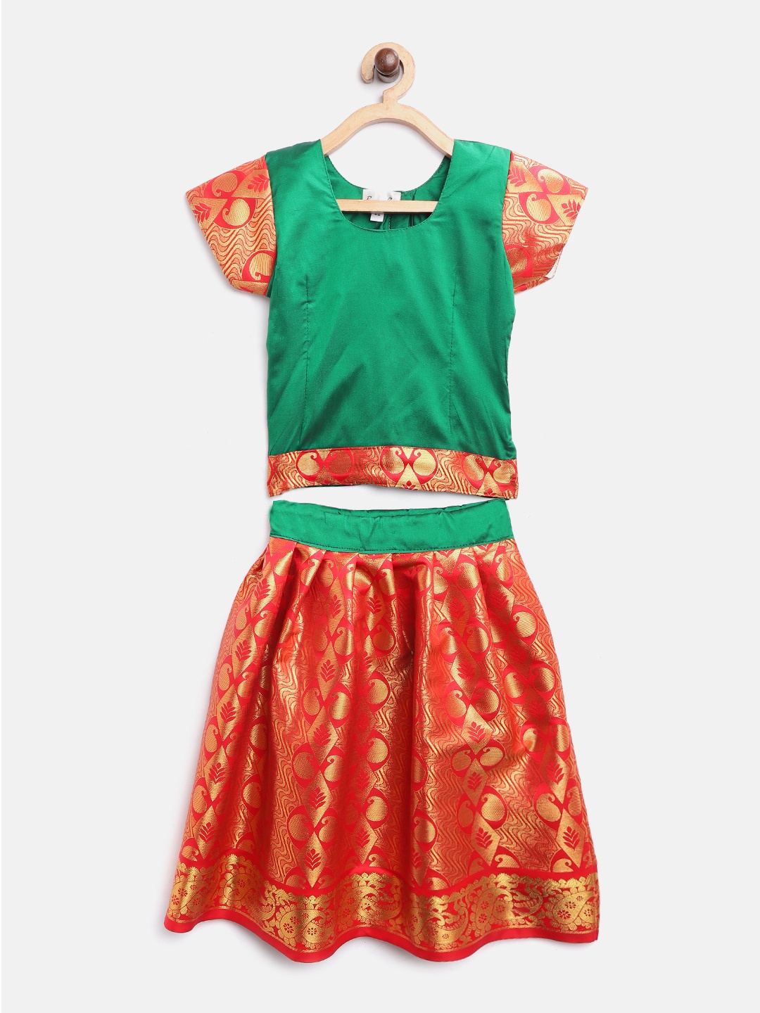 

BownBee Girls Red & Green Silk Woven Design South Indian Pavda Pattu Lehenga Choli
