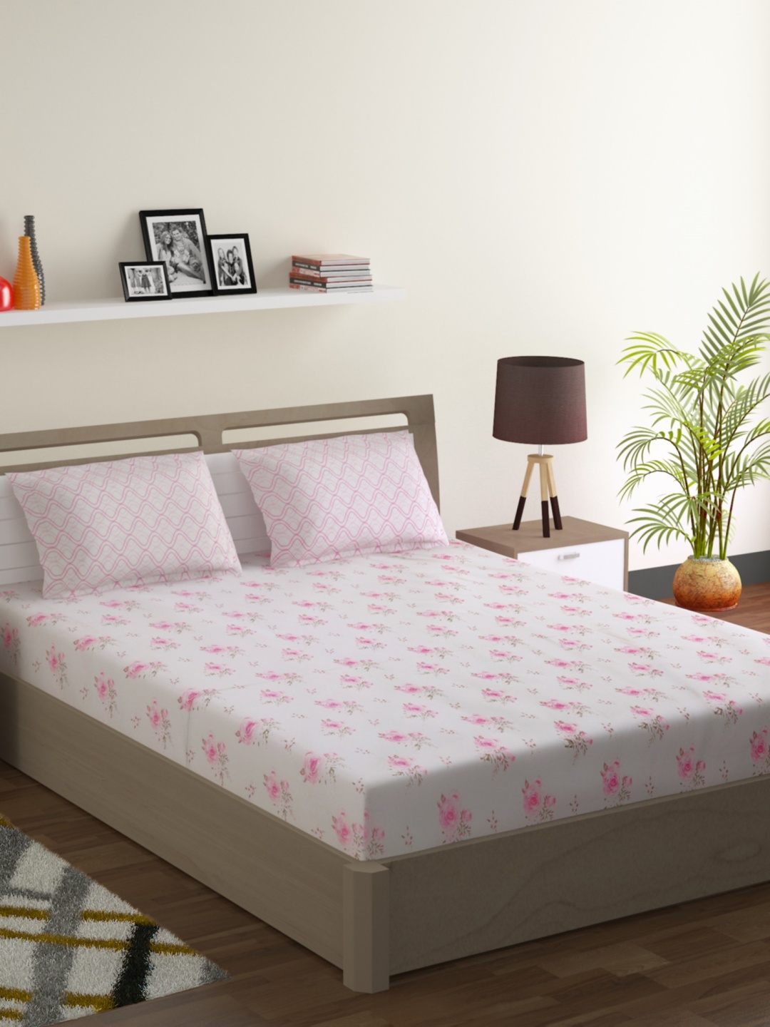 

SWAYAM White & Pink Floral 200 TC Cotton 1 Queen Bedsheet with 2 Pillow Covers