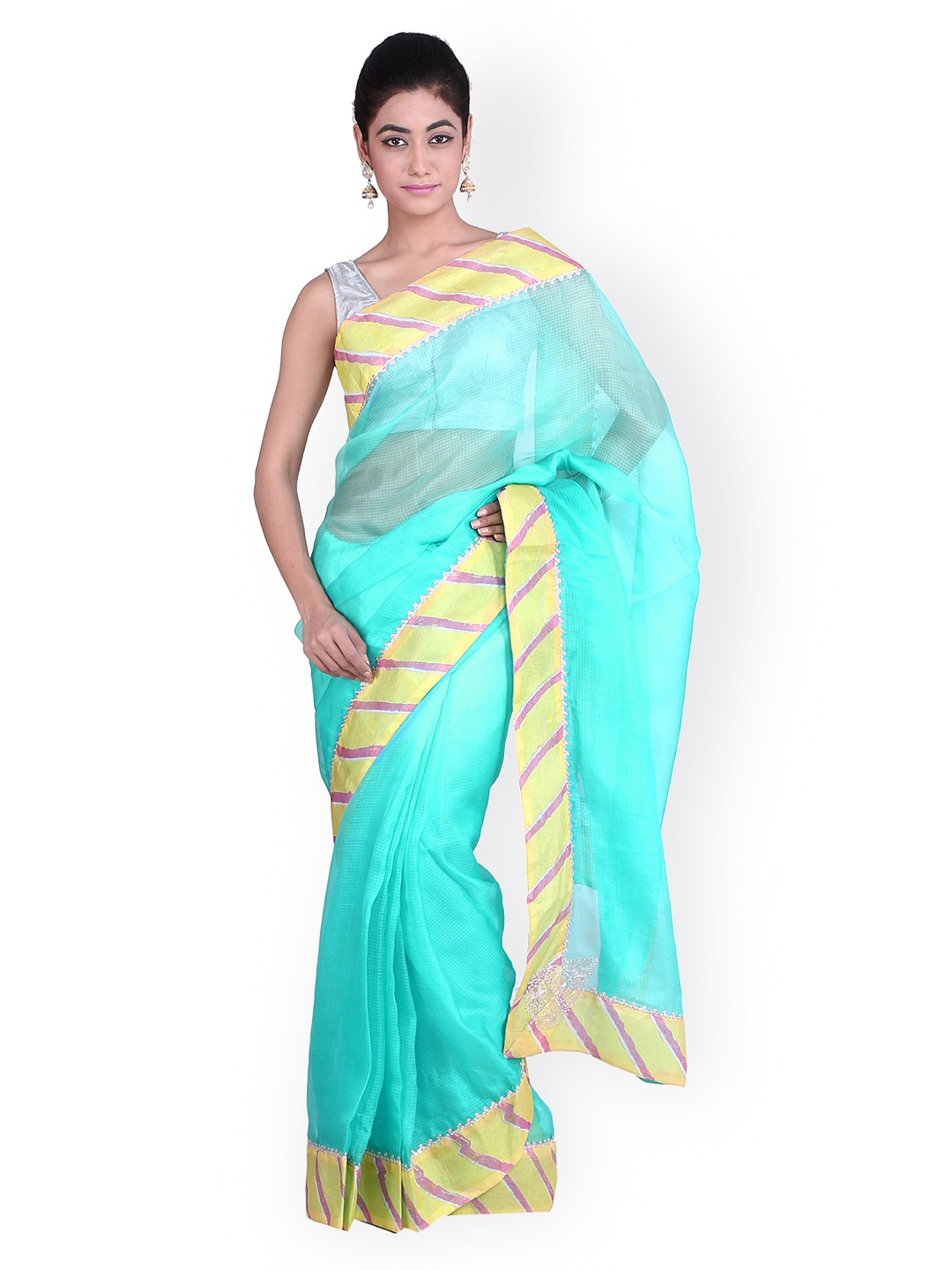 

Geroo Jaipur Turqoise Blue Kota Silk Sustainable Saree, Turquoise blue