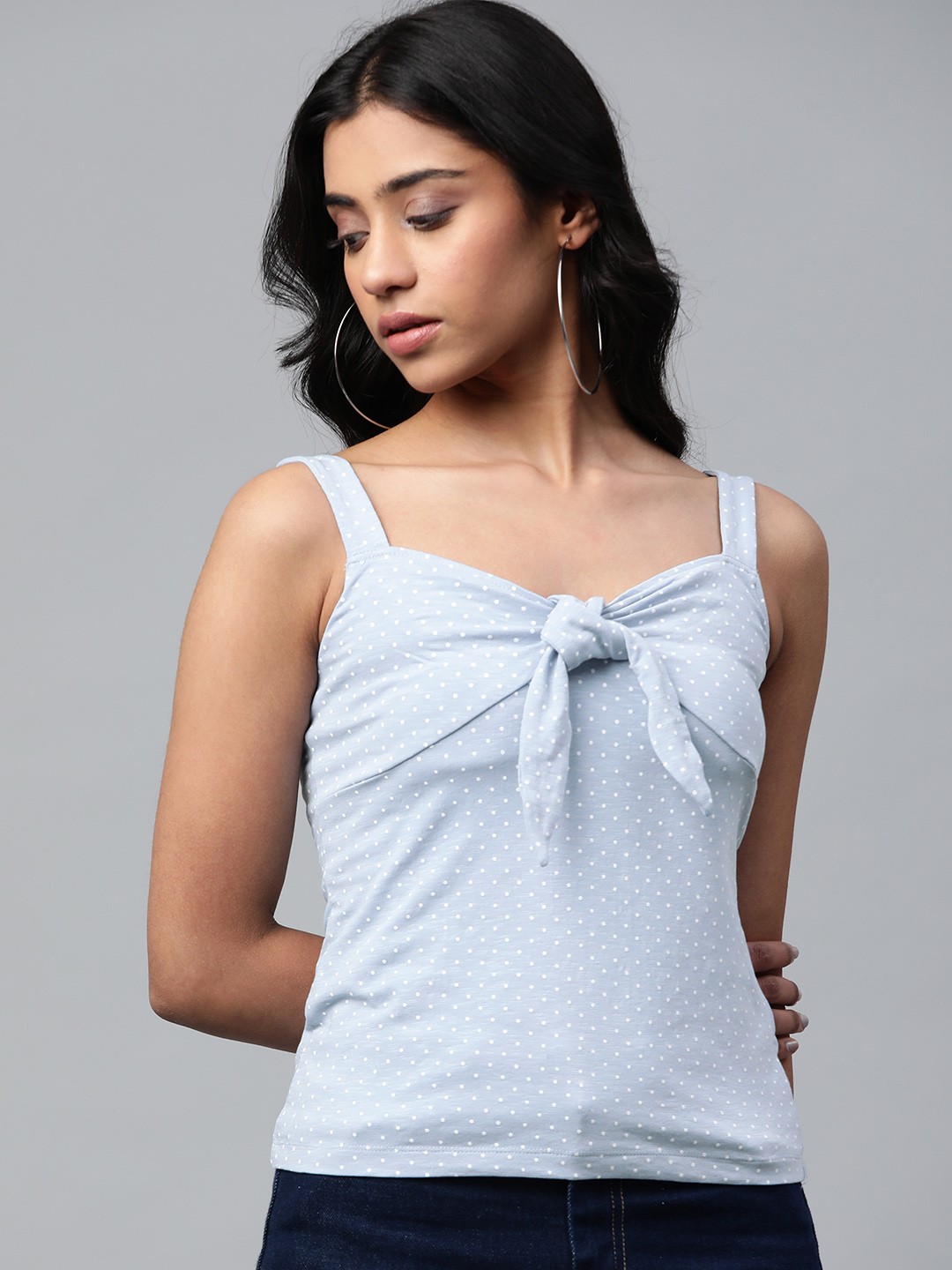 

VividArtsy Women Blue & White Polka Dot Print Top