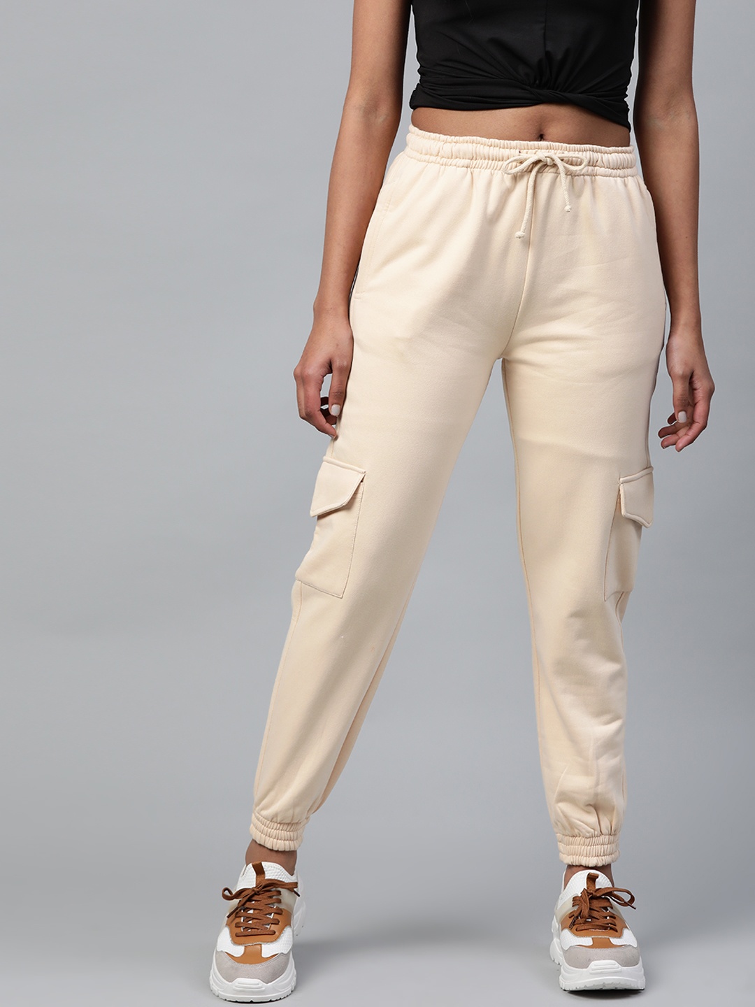 

VividArsty Women Cream-Coloured Slim Fit Pure Cotton Cargo Style Joggers