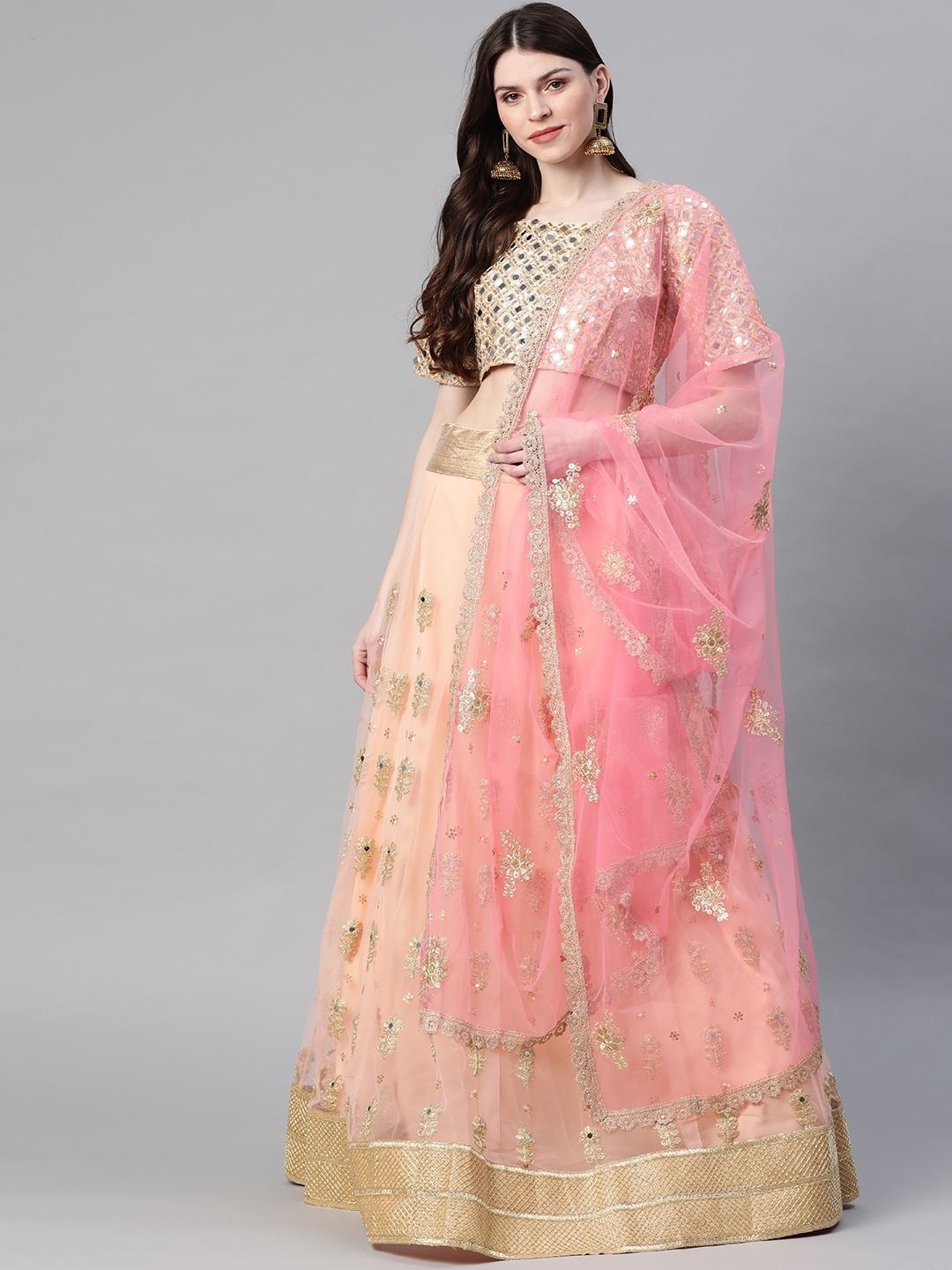 

Readiprint Fashions Peach-Coloured & Pink Embellished Semi-Stitched Lehenga & Unstitched Blouse with Dupatta