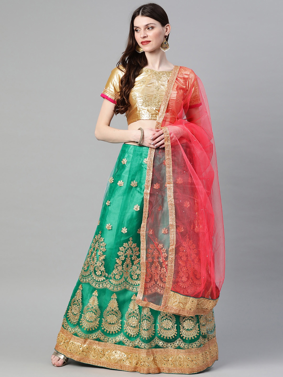 

Readiprint Fashions Green & Pink Embroidered Semi-Stitched Lehenga & Unstitched Blouse with Dupatta