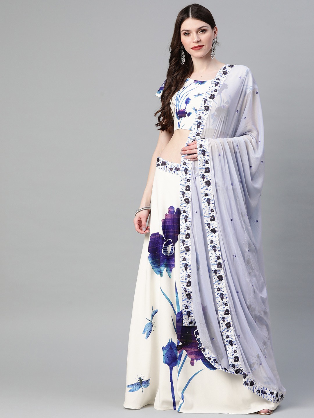 

Readiprint Fashions White & Purple Printed Semi-Stitched Lehenga & Unstitched Blouse with Dupatta