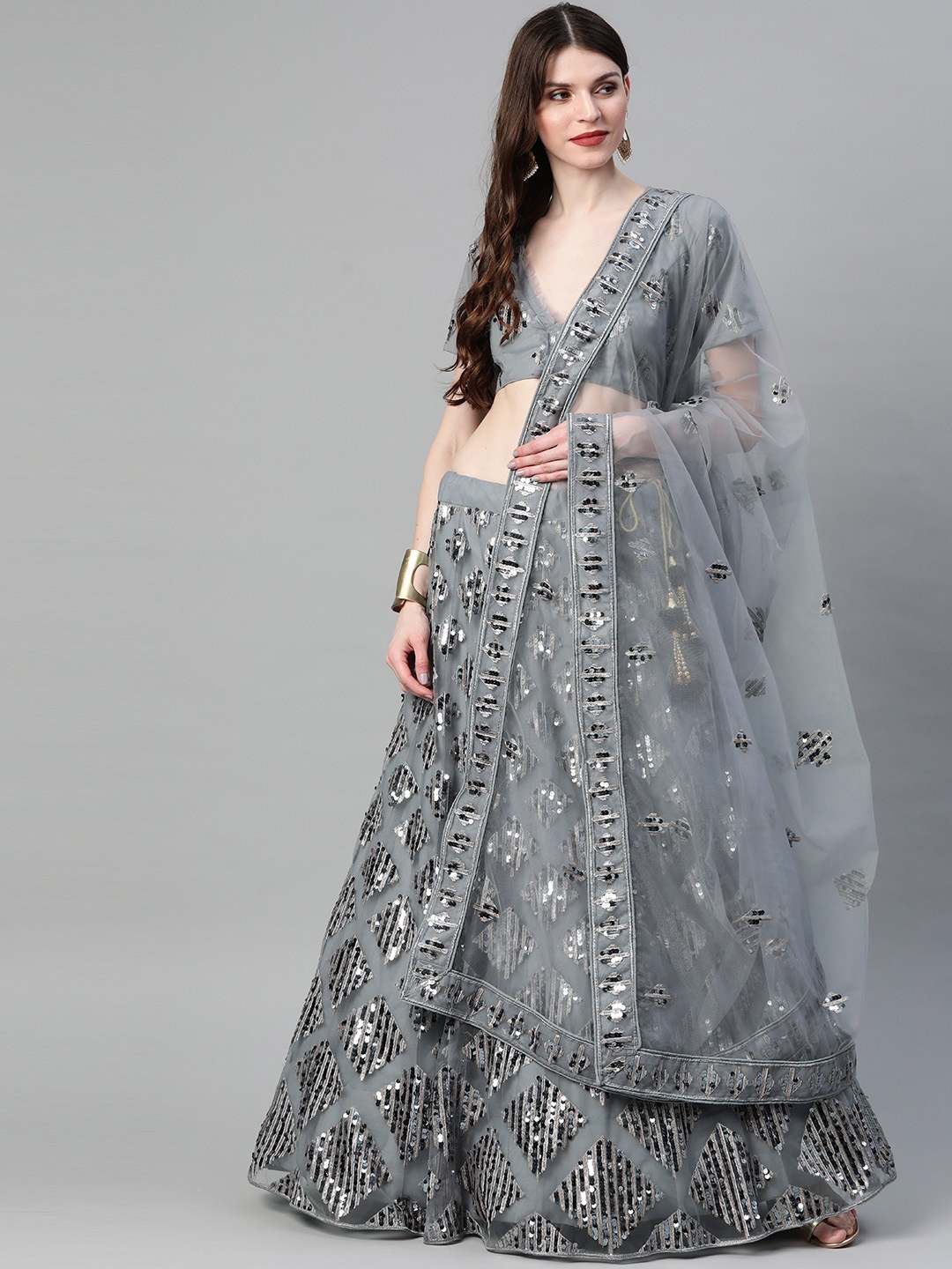 

Readiprint Fashions Grey Embellished Semi-Stitched Lehenga & Blouse with Dupatta