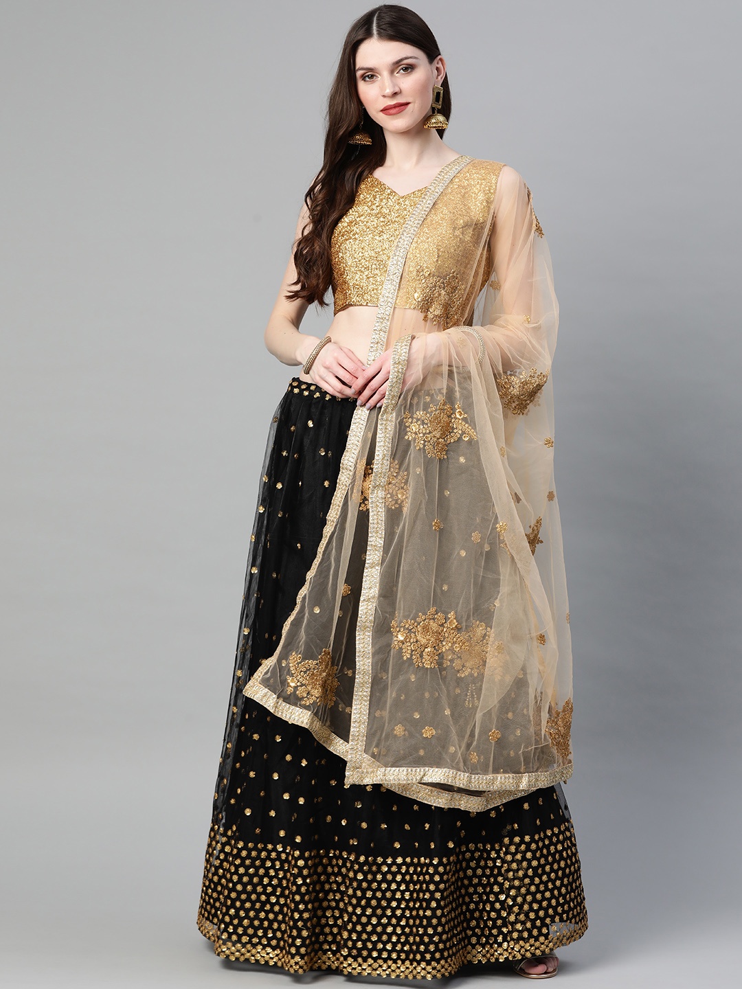 

Readiprint Fashions Black & Gold-Toned Embellished Semi-Stitched Lehenga & Unstitched Blouse with Dupatta