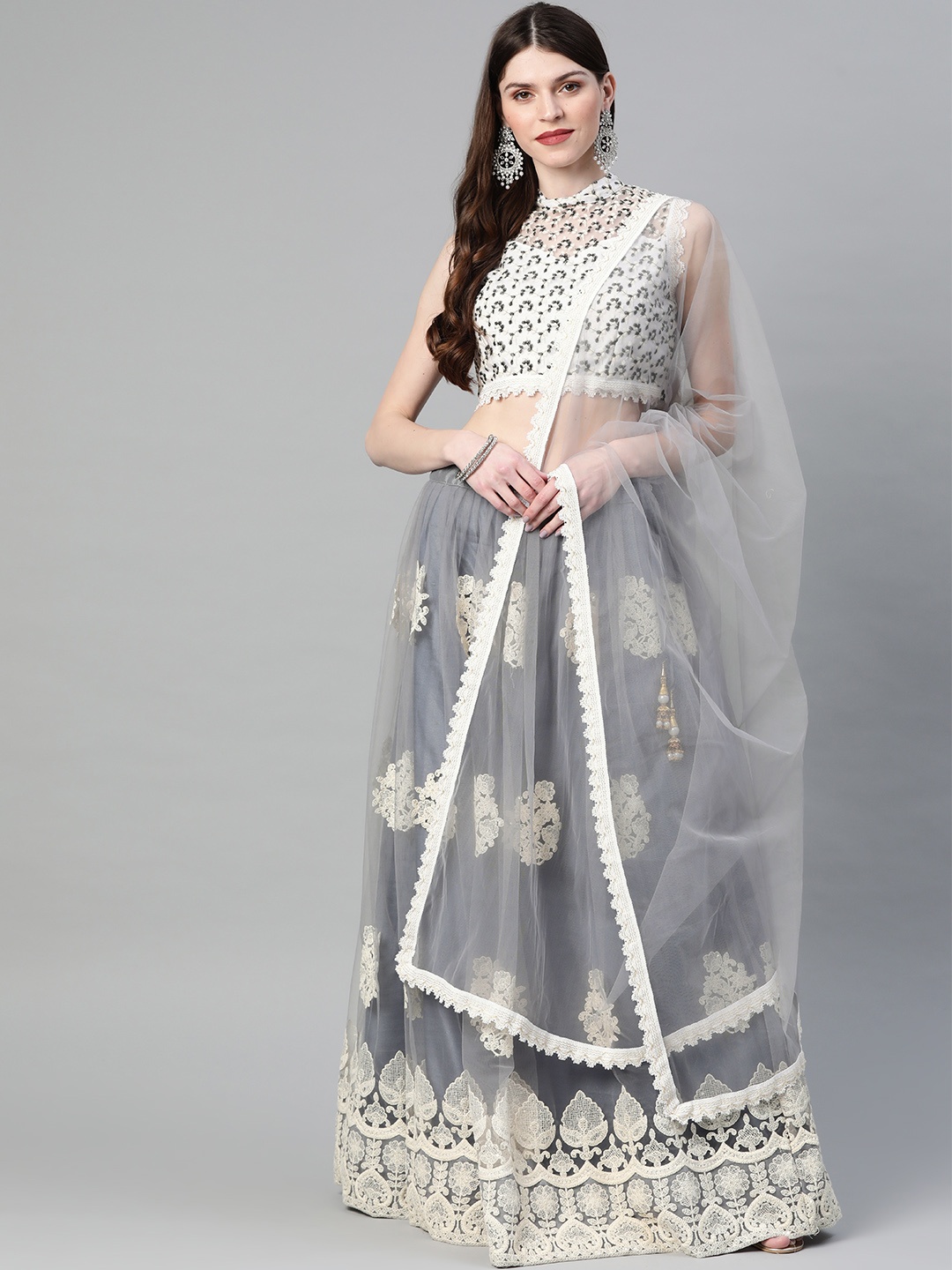 

Readiprint Fashions Grey & White Embroidered Semi-Stitched Lehenga & Unstitched Blouse with Dupatta