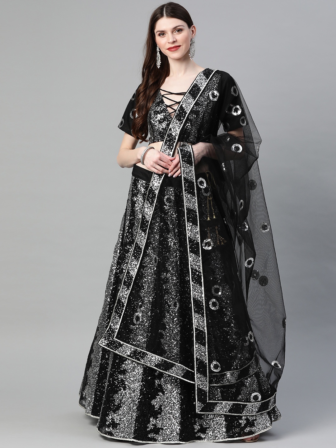 

Readiprint Fashions Black & Silver-Toned Embellished Semi-Stitched Lehenga & Unstitched Blouse with Dupatta