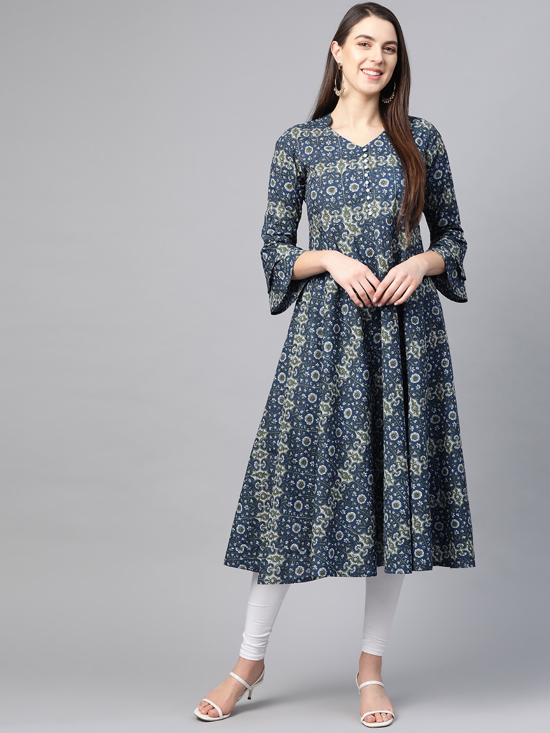 

YASH GALLERY Women Navy Blue & Green Printed Anarkali Kurta