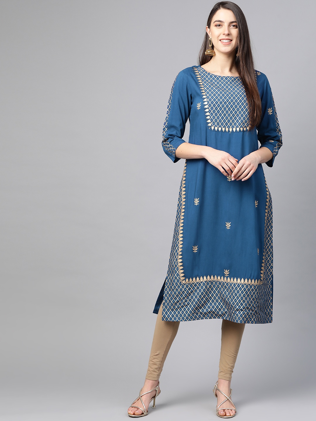 

YASH GALLERY Women Teal Blue & Golden Printed Straight Kurta