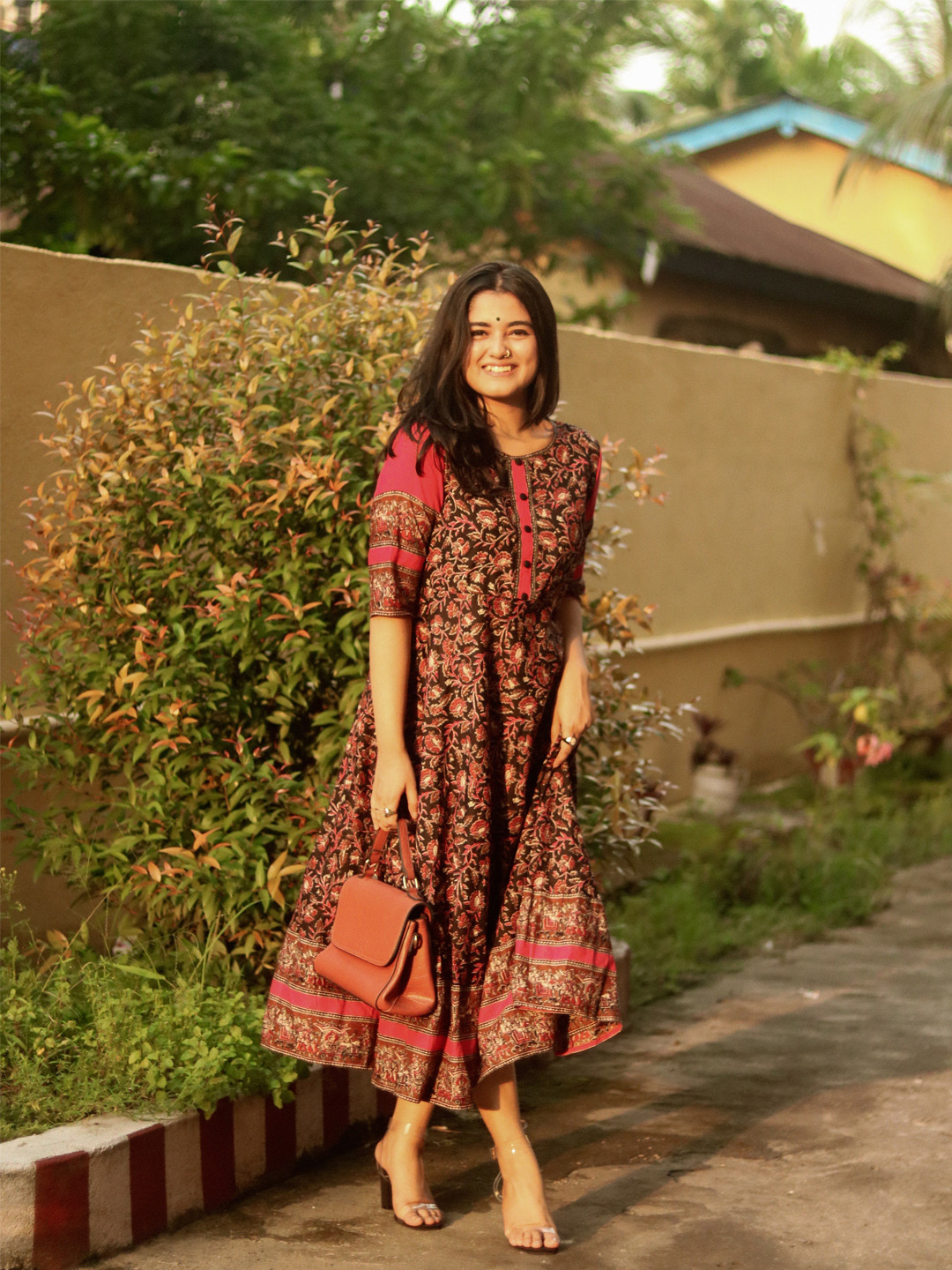 YASH GALLERY Women Black & Red Cotton Printed Anarkali Kurta