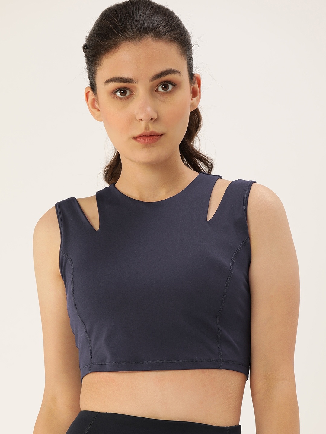 

Enamor Navy Blue Solid Non-Wired Removable Padding Workout Bra EEATOE123NVYL