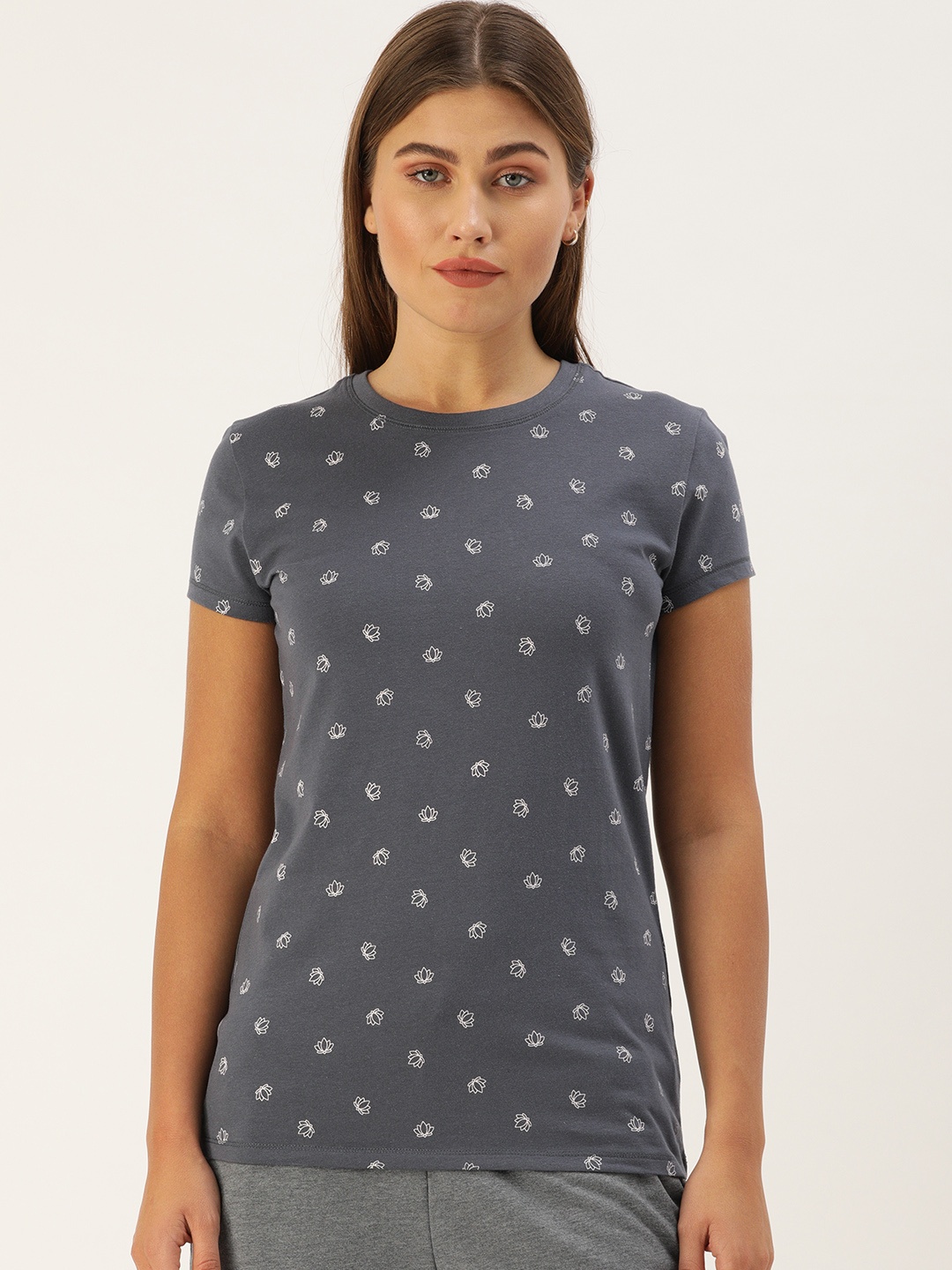 

Enamor Women Blue White Slim Fit Floral Printed Round Neck Lounge T-shirt - E247