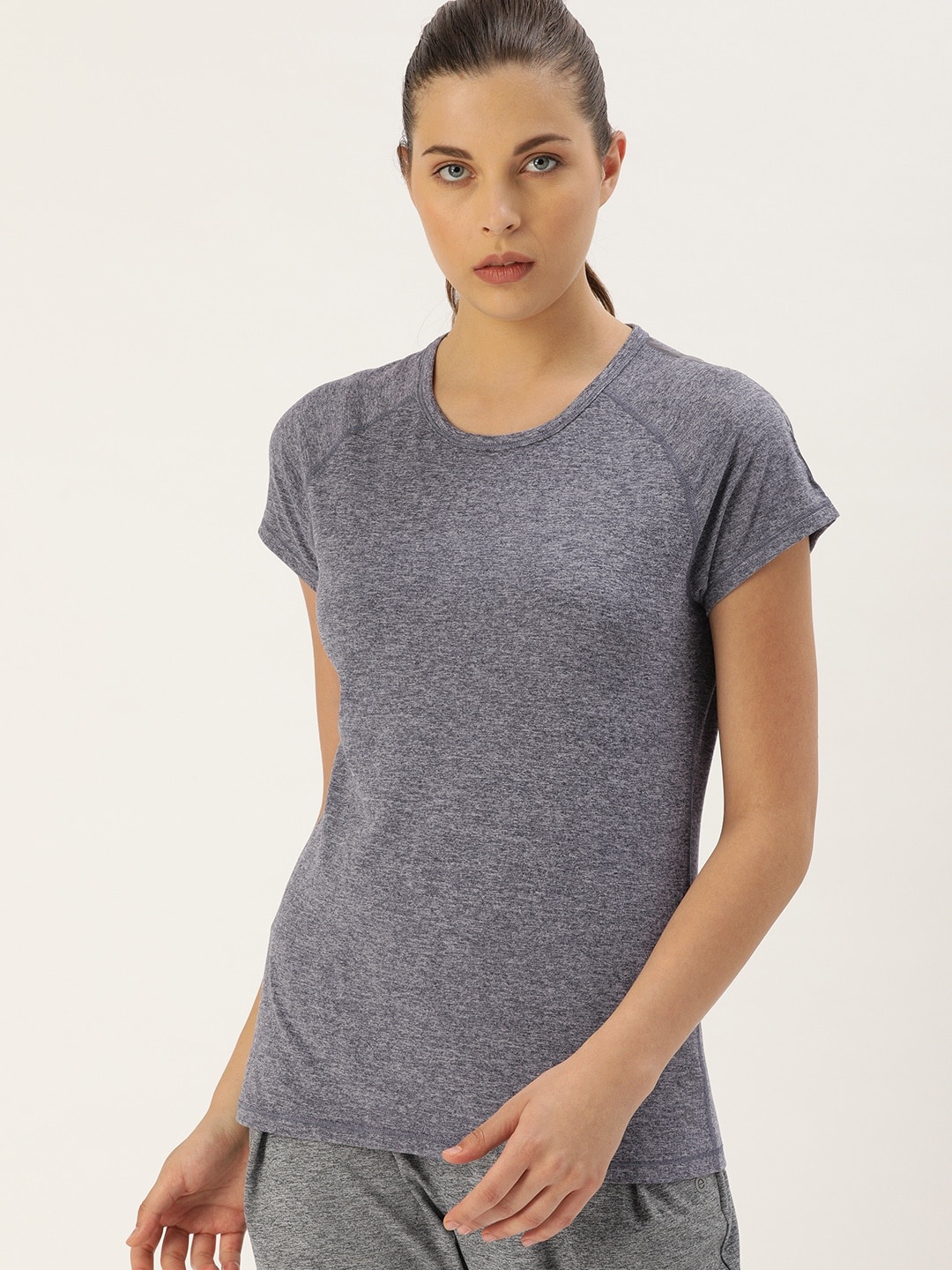 

Enamor Women Navy Solid Round Neck Slim Fit Rapid Dry and Antimicrobial Active T-shirt, Grey melange