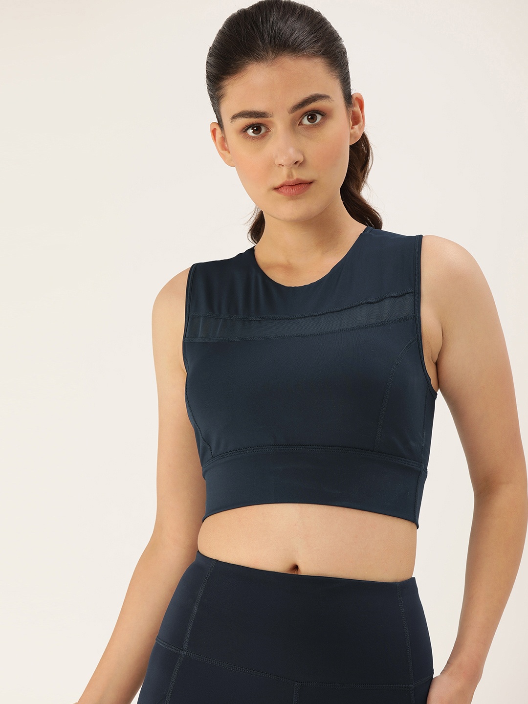 

Enamor Navy Blue Solid Non-Wired Removable Padding Workout Bra EEATOE121NVYL
