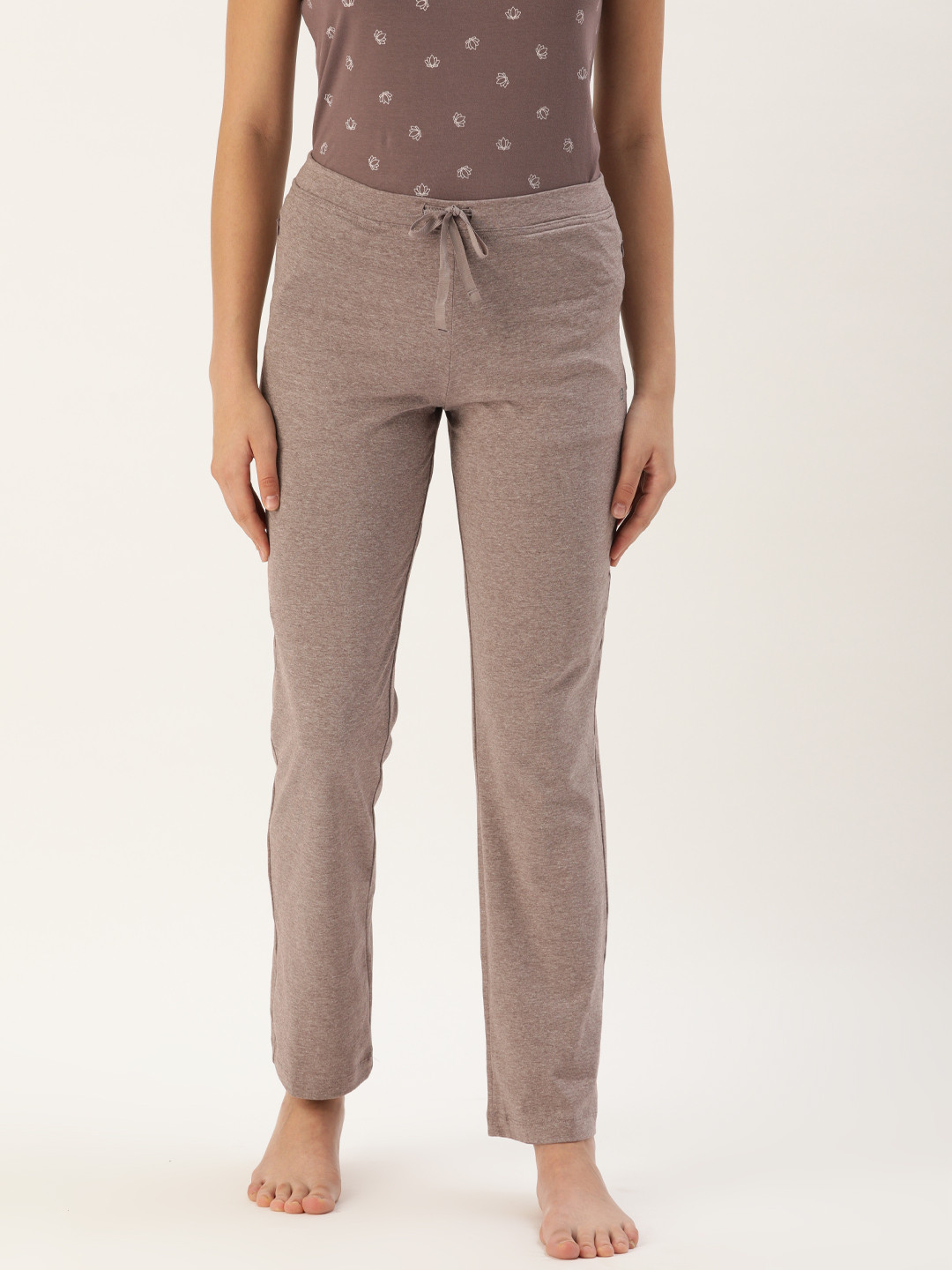 

Enamor E014 Mid-Rise Straight Leg Lounge Pants for Women with Drawstring & Zipper Pockets, Taupe