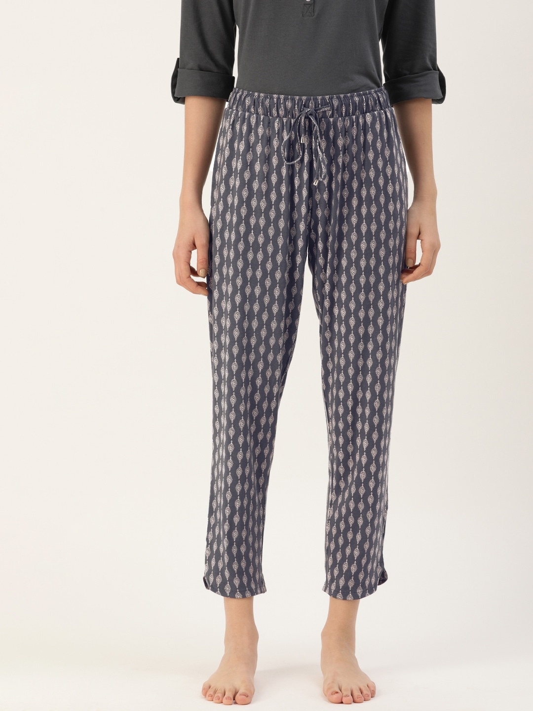 

Enamor Women Navy Off-White Relaxed Fit Shop in Pyjama Lounge Pants, Navy blue