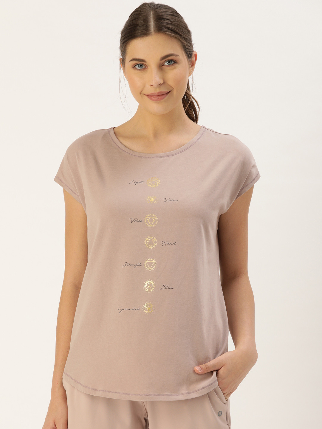 

Enamor Women Beige Boat Dolman Sleeves Neck Super Graphic Printed Antimicrobial T-Shirt