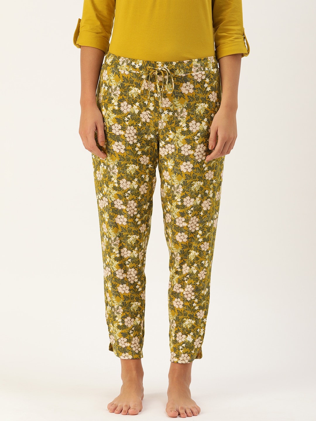 

Enamor Women Mustard Yellow Charcoal Grey Floral Print Relaxed Fit Lounge Pants