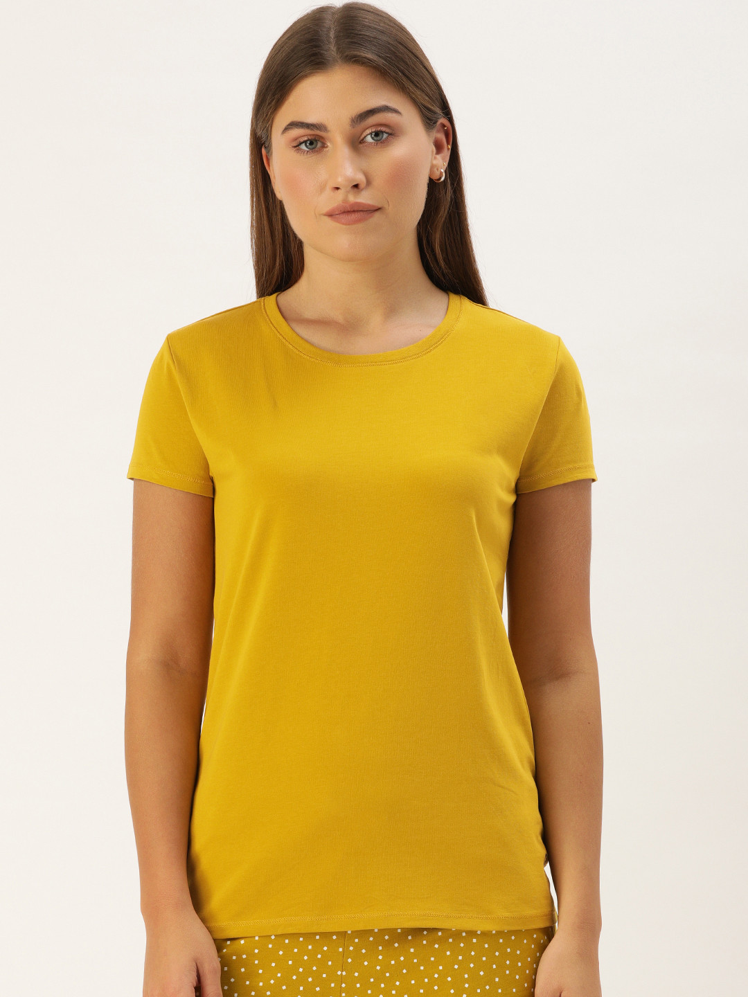 

Enamor Women Mustard Slim Fit Crew Round Neck T-Shirt