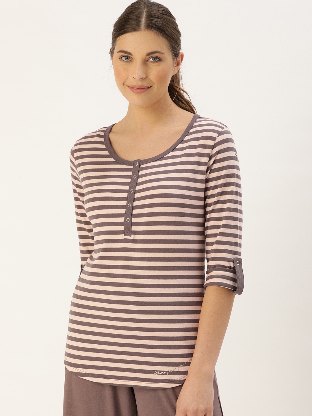 

Enamor Women Mauve & Off-White Slim Fit Striped Henley Neck Lounge T-shirt