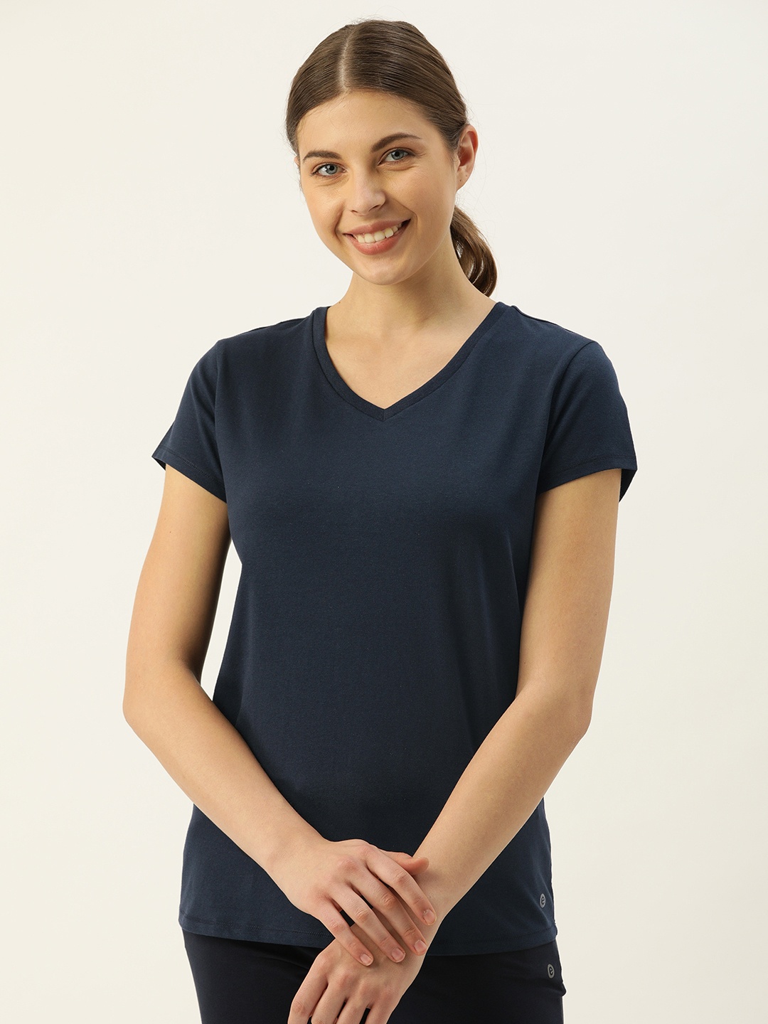 

Enamor E067 V-Neck Stretch Cotton Basic Tee for Women with Short Sleeves, Navy blue