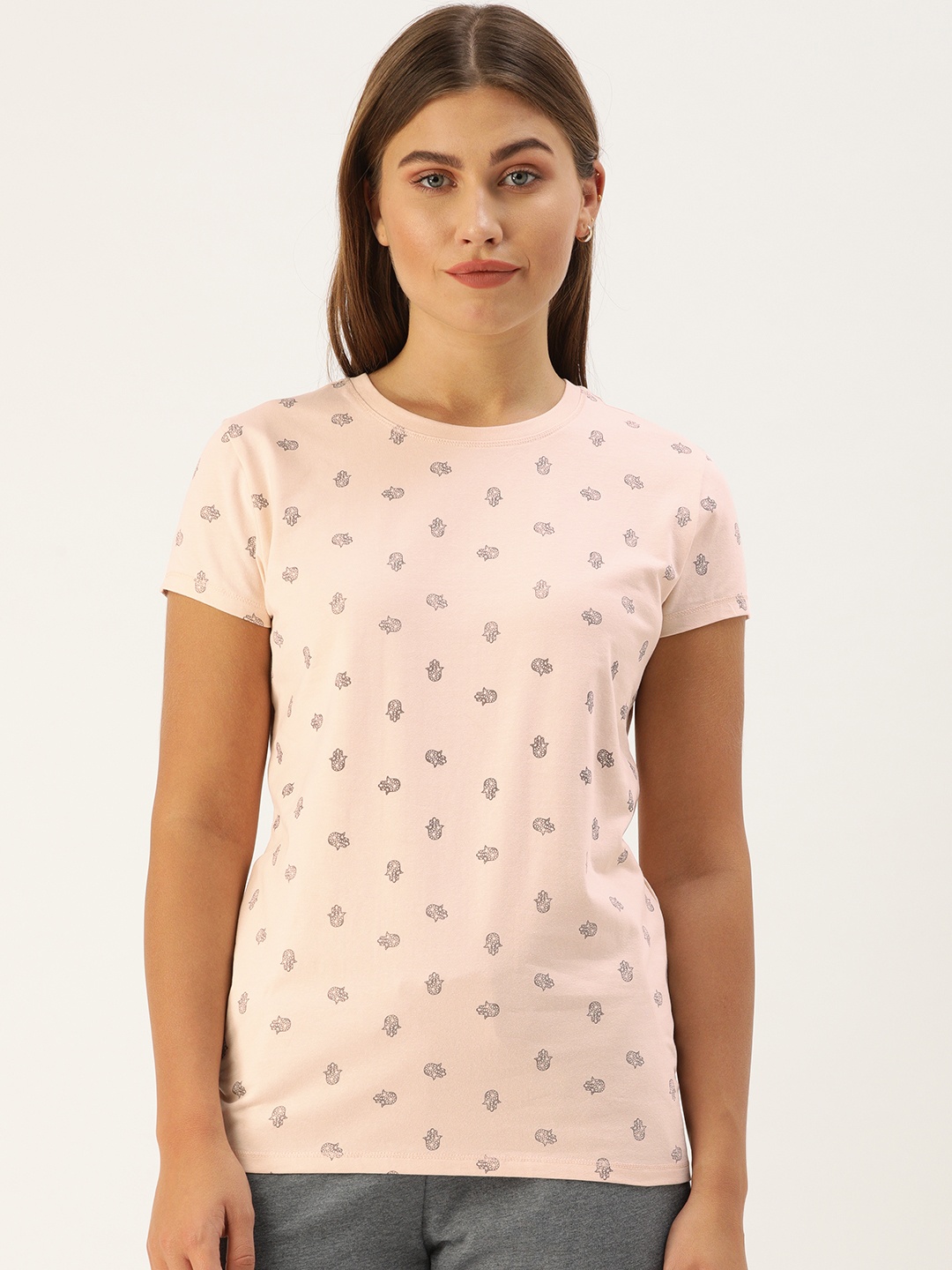 

Enamor Women Pink Black Slim Fit Floral Printed Round Neck Lounge T-shirt - E247