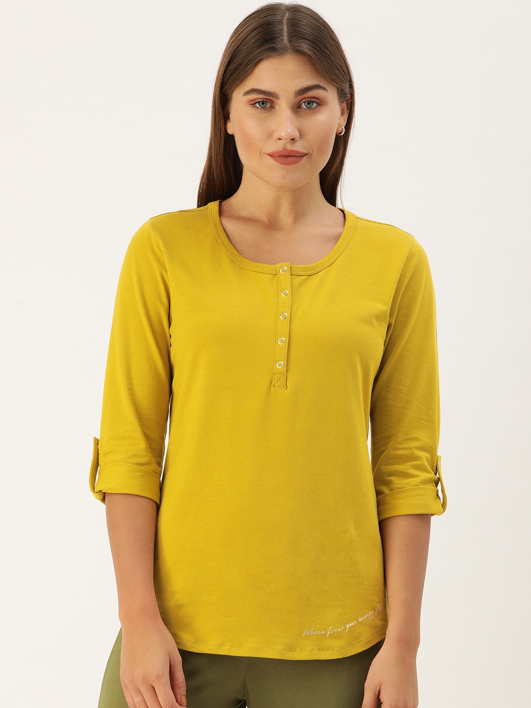 

Enamor Women Henley Neck Stretch Cotton Tee E129, Mustard