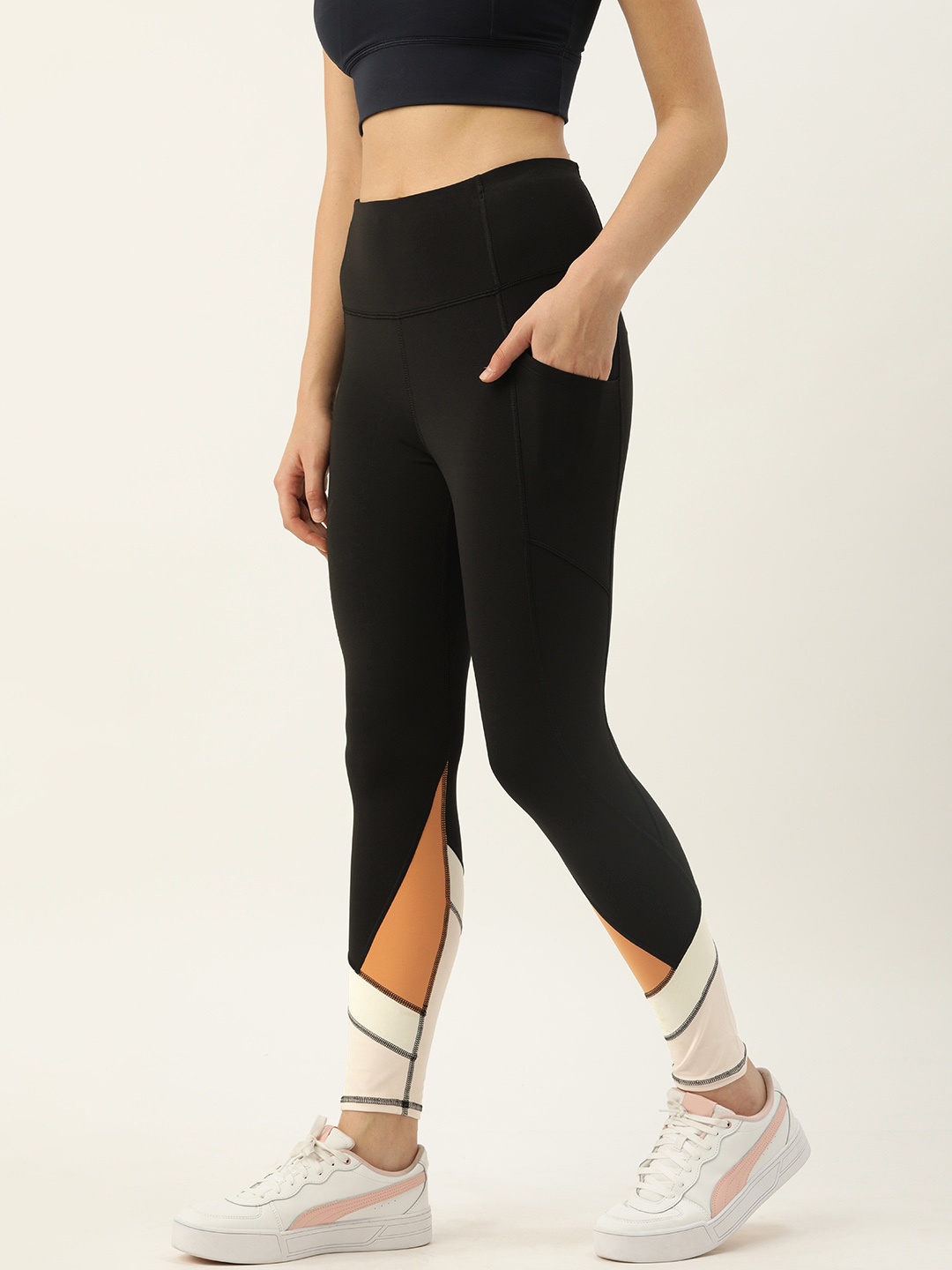

Enamor Women Colourblocked Dry Fit Antimicrobial High-Waist Active Leggings, Black