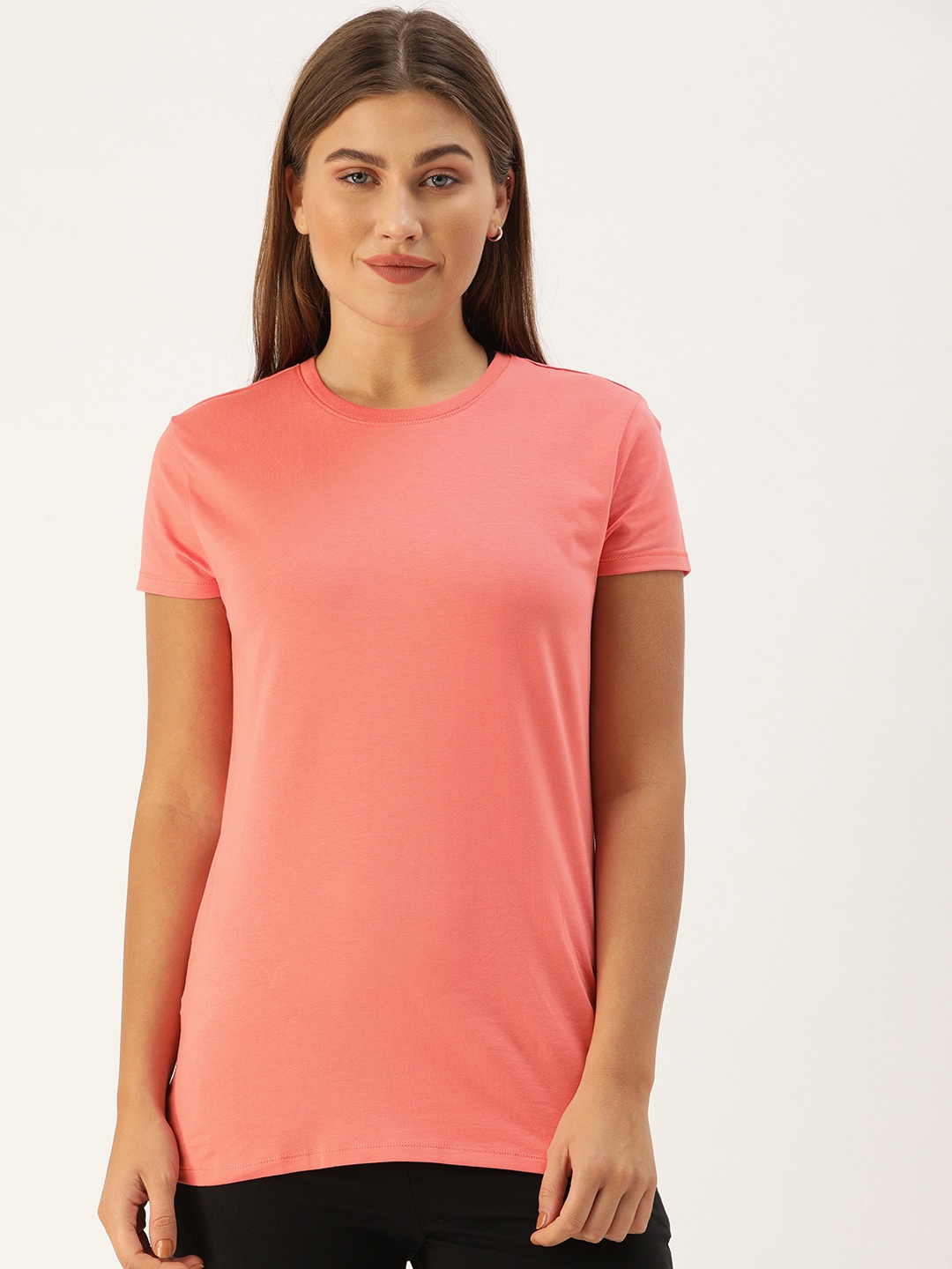 

Enamor Women Pink Solid Slim Fit Crew Round Neck T-Shirt