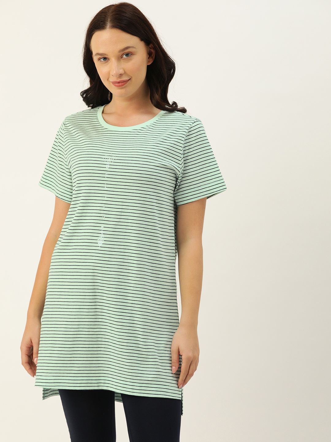 

Enamor Women Green Navy Blue Striped Relaxed Fit Long Length Tunic T-Shirt