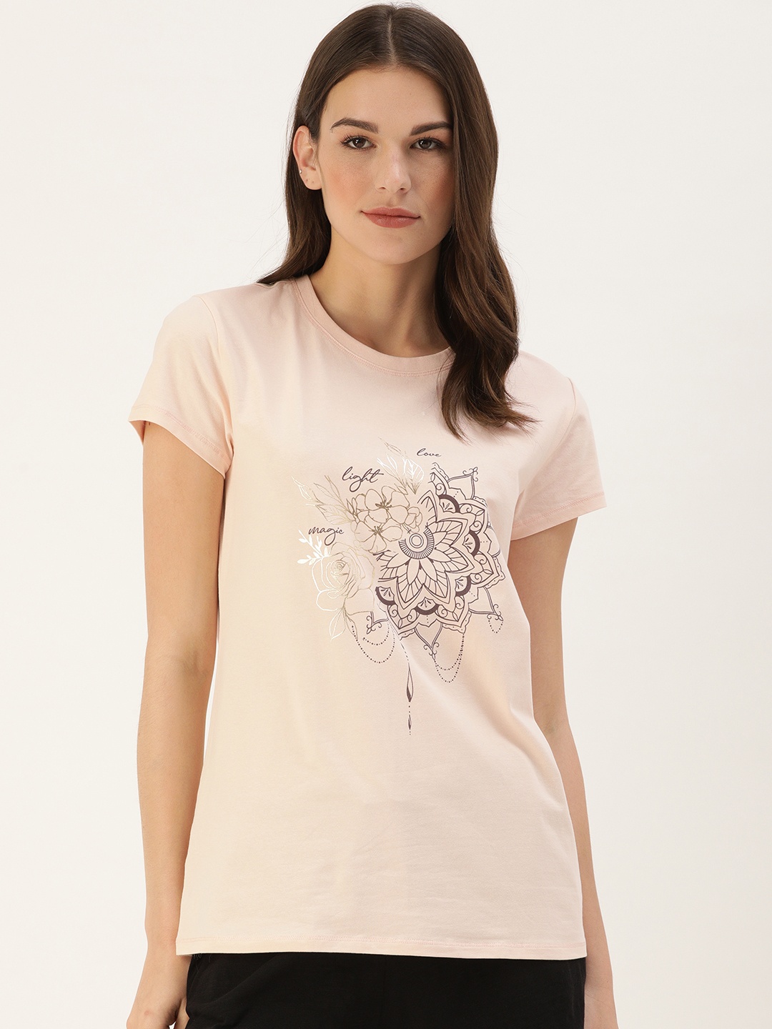 

Enamor Women Light Pink Coffee Brown Floral Print Slim Fit Lounge T-shirt