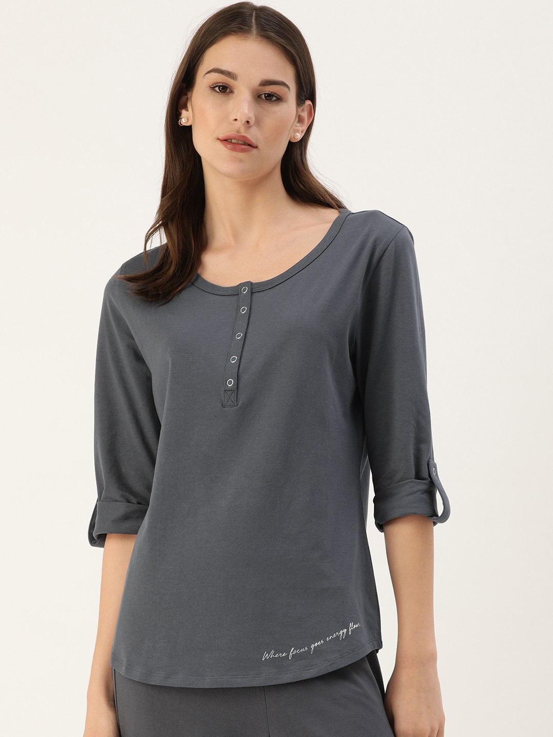 

Enamor Women Henley Neck Three-Quarter Sleeves Stretch Cotton Lounge T-shirts E129, Navy blue