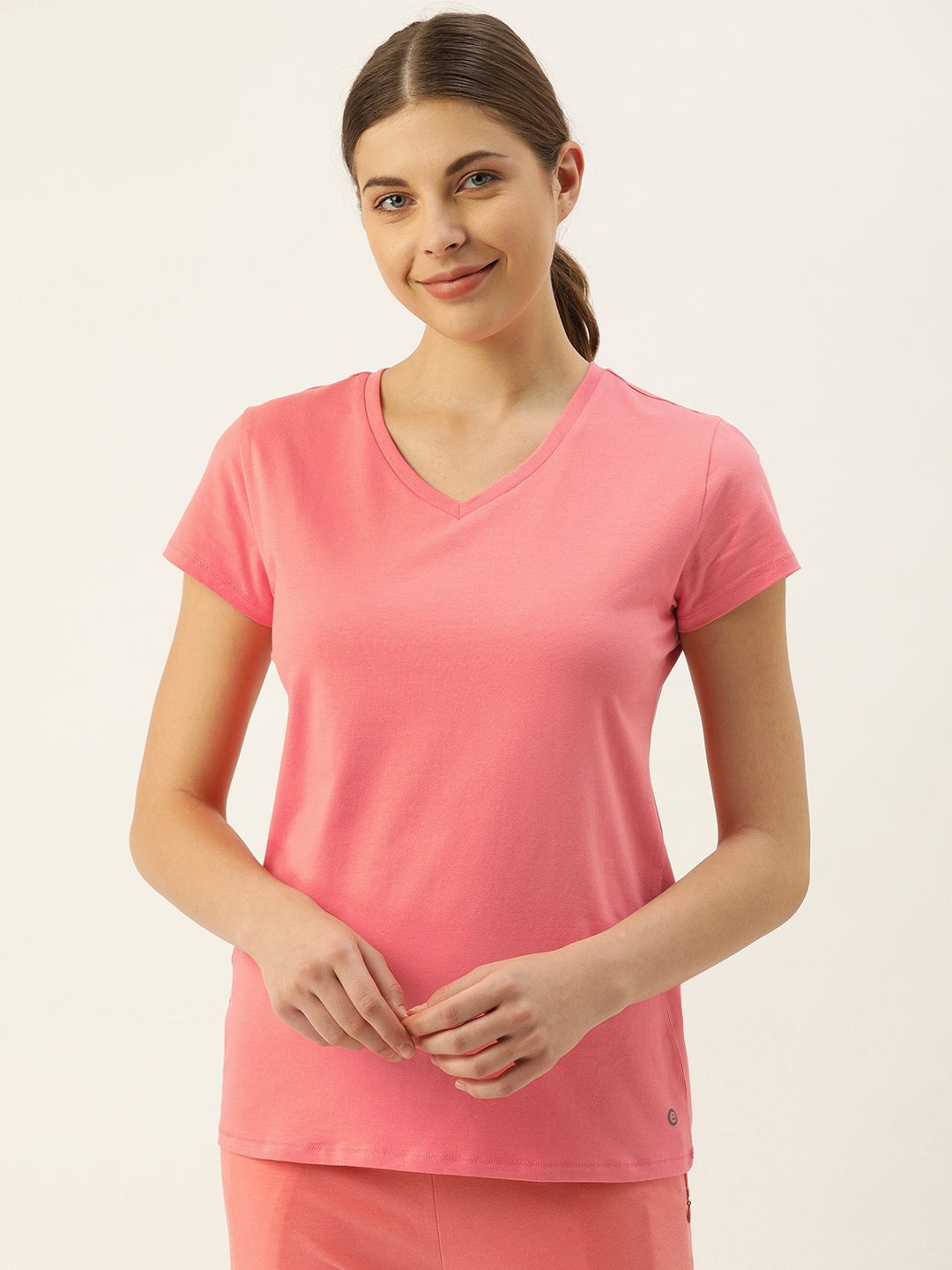 

Enamor E067 V-Neck Stretch Cotton Basic Tee for Women with Short Sleeves, Pink