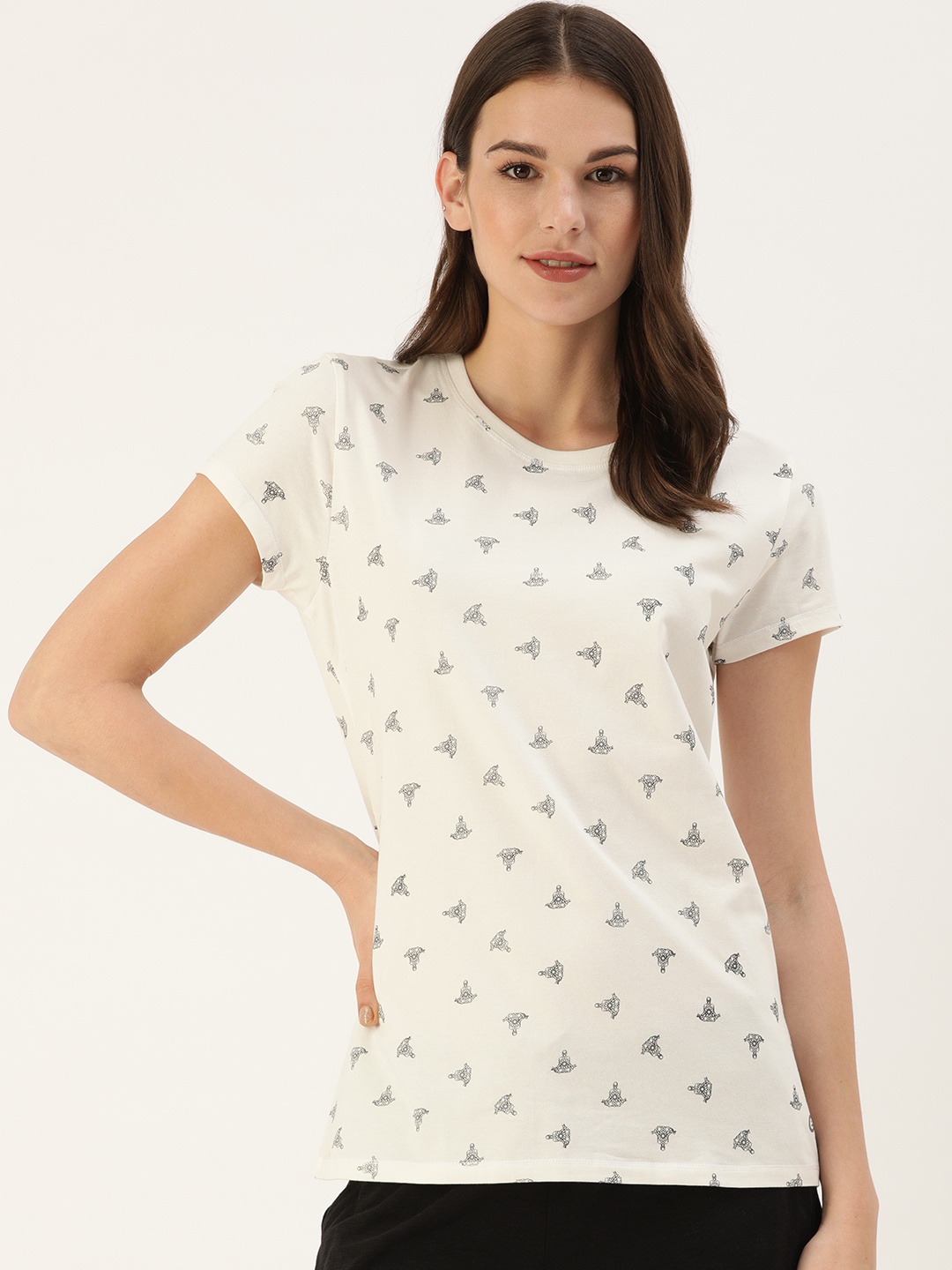 

Enamor Women White Black Slim Fit Floral Printed Round Neck Lounge T-shirt - E247