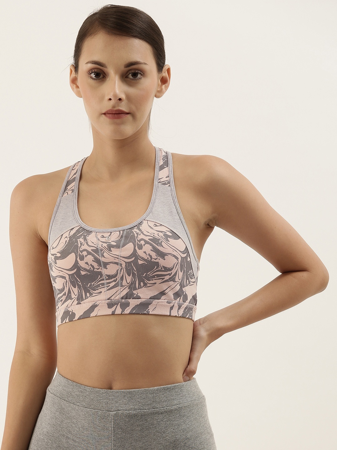 

Enamor Pink Grey Printed Non-Wired Removable Pads High Coverage Medium Impact Sports Bra SB08